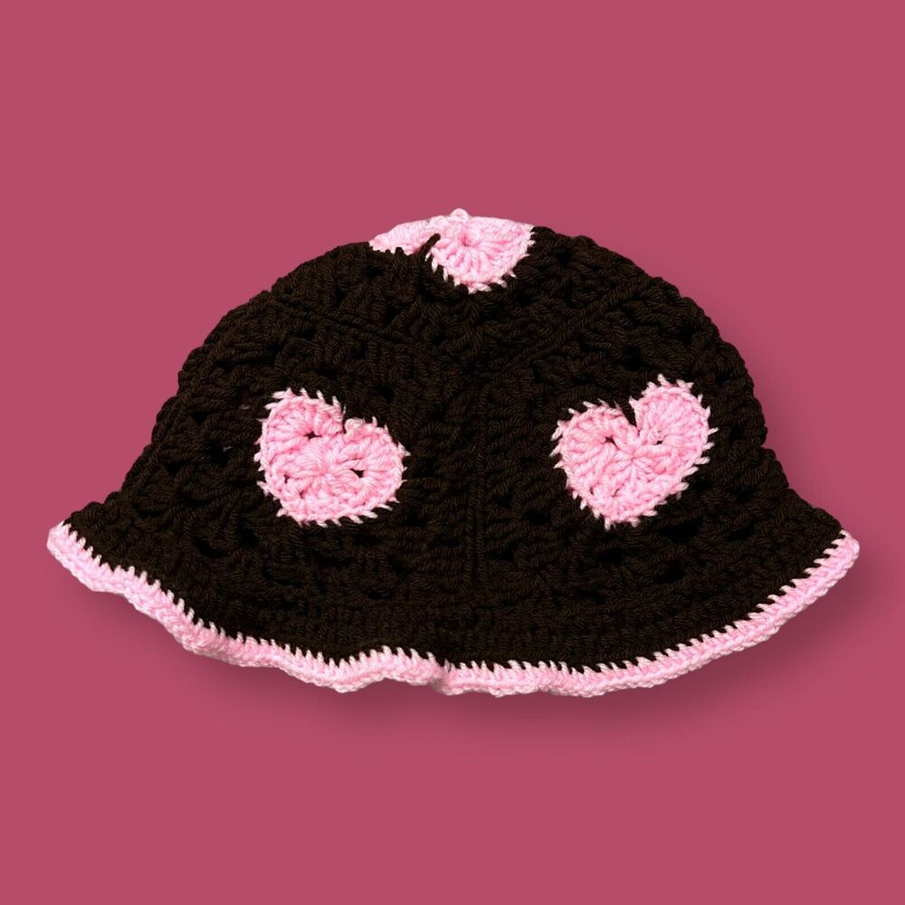 Vintage Crochet Knit Bucket Hat Cute Hearts Acrylic 90s y2k Brown Pink Adult